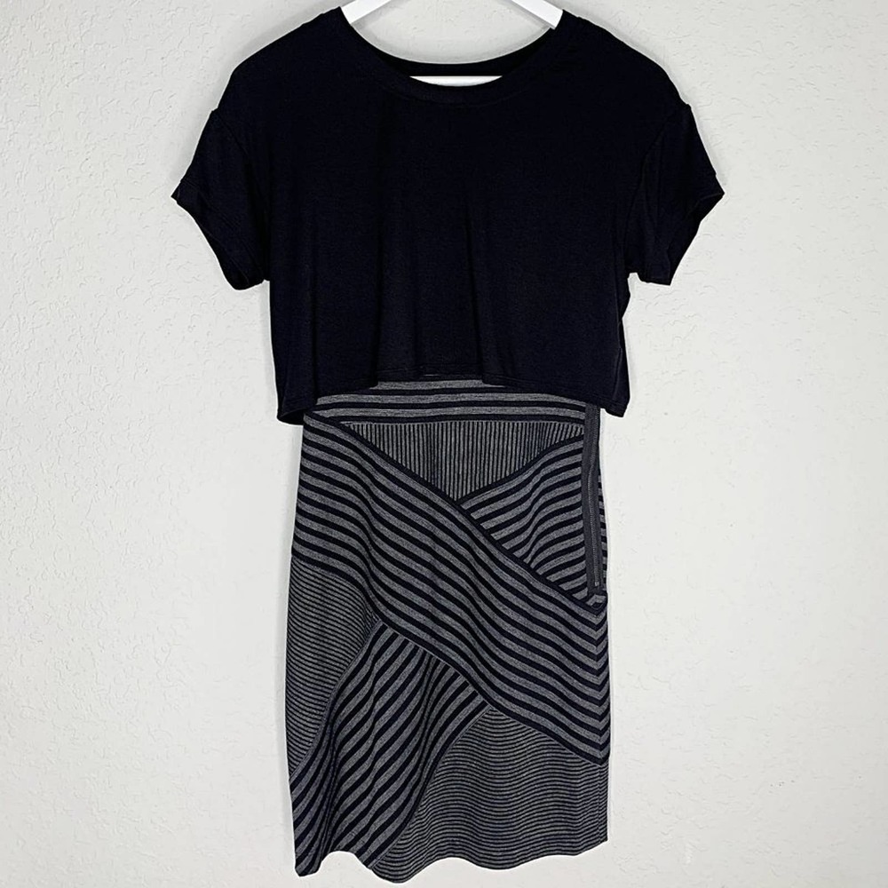 BCBGMAXAZRIA 2-Piece Striped Contrast Sheath Dress in Black & Grey - Picture 2 of 6